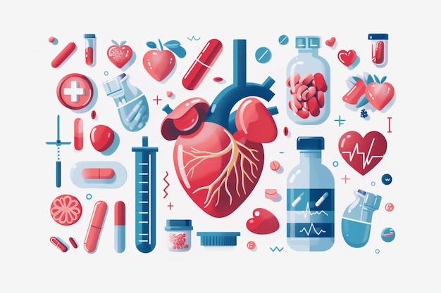Foto een kleurrijke tekening van een hart omringd door verschillende medische artikelen zoals pillen