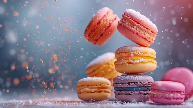Een kleurrijke tentoonstelling van macarons gestapeld met fijne suiker stof rond