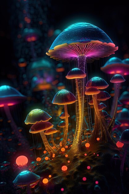 een kleurrijke tentoonstelling van paddenstoelen met paarse en oranje kleuren