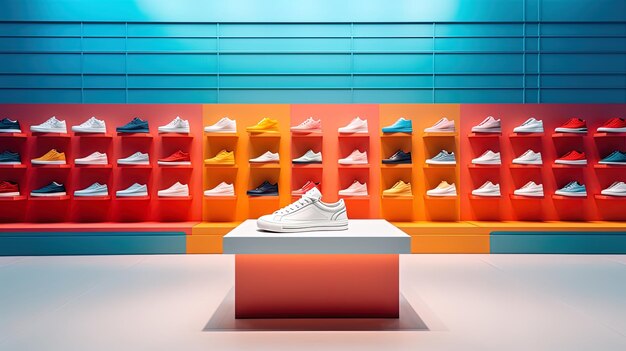 Foto een kleurrijke tentoonstelling van schoenen in een winkel.