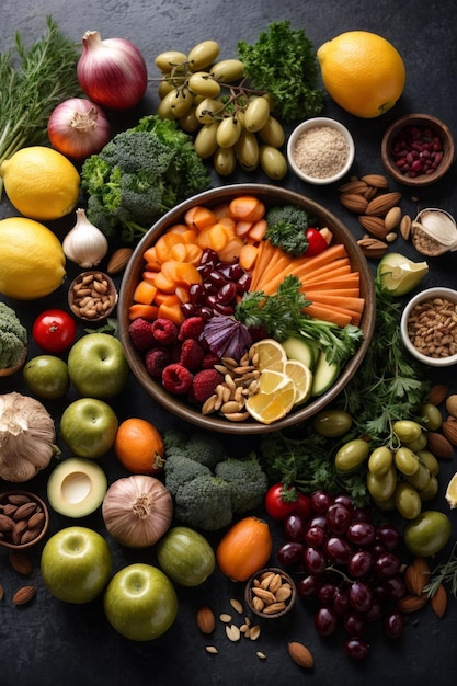 Foto een kleurrijke tentoonstelling van vers fruit en groenten gerangschikt in een cirkelvormig patroon