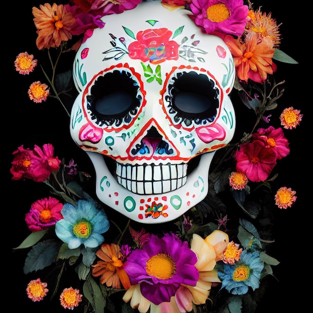 Een kleurrijke traditionele Calavera-suikerschedel versierd met bloemen voor dia de los muertos Dag van de doden