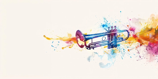 Een kleurrijke trompet vliegt door een spuit van verf
