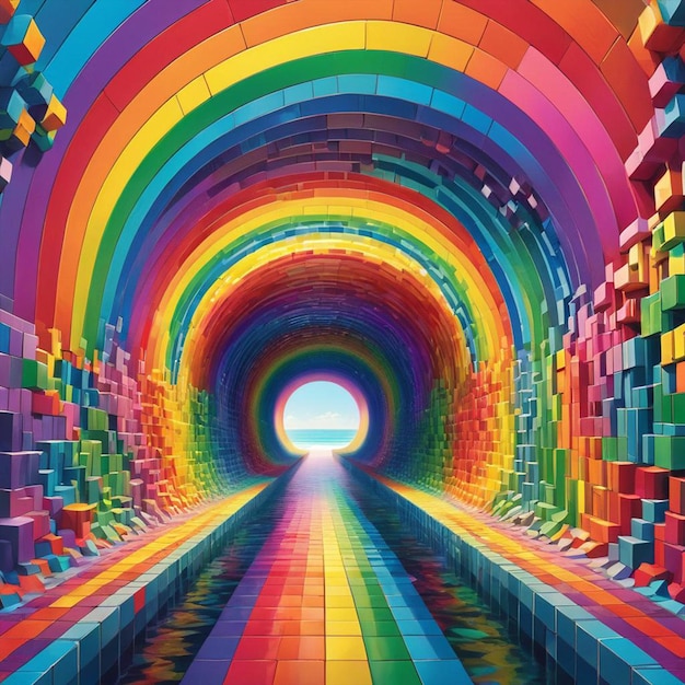 Een kleurrijke tunnel met een regenboog en een foto van een tunnel