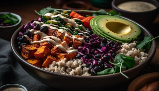 Een kleurrijke vegetarische slakom met verse biologische ingrediënten en quinoa gegenereerd door AI