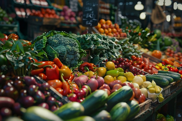 Een kleurrijke verscheidenheid aan verse groenten op een markt o