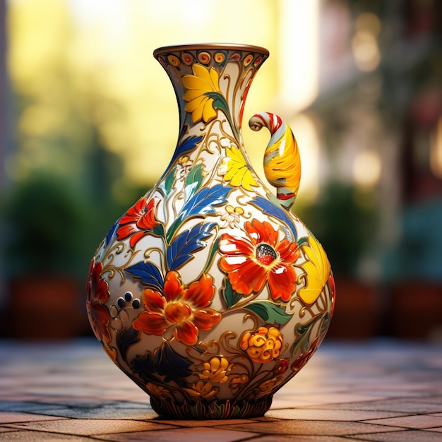 Een kleurrijke versierde delicate keramische vaas met bloemen of een bloemenvaas
