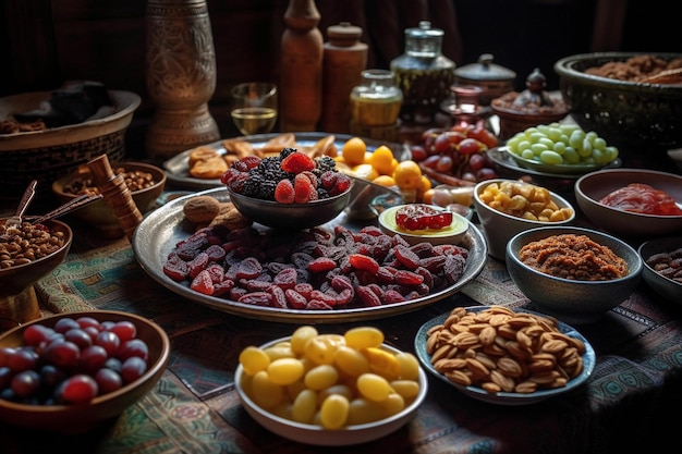 Een kleurrijke verspreiding van dadels, vers fruit en andere traditionele gerechten op een tafel