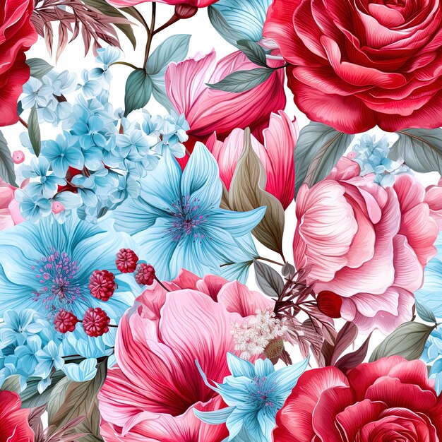 een kleurrijke verzameling bloemen, waaronder rode blauwe en roze bloemen