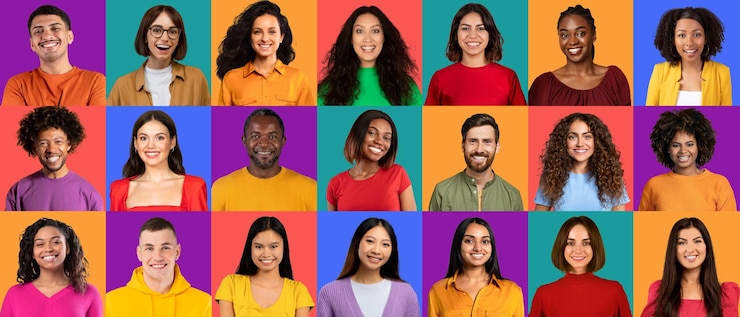 Foto een kleurrijke verzameling kopfoto's toont een gevarieerde groep individuen