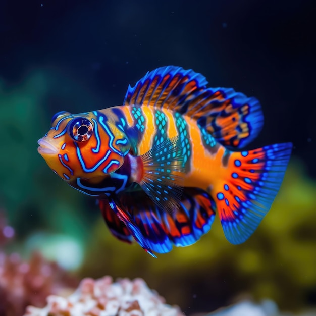 Een kleurrijke vis met blauwe en oranje markeringen zwemt in een koraalrif.