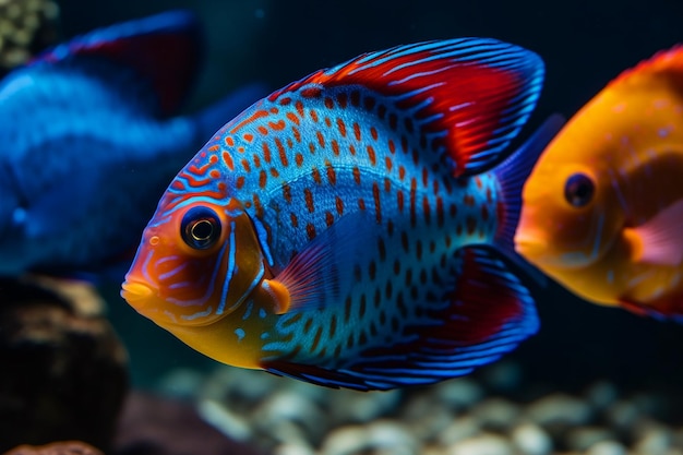 Een kleurrijke vis met een blauwe en oranje staart