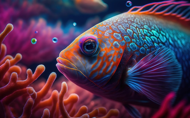 Een kleurrijke vis met een roze en blauwe achtergrond