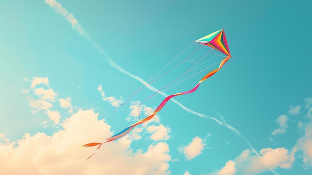 Foto een kleurrijke vlieger vliegt hoog in de blauwe hemel de vlieger heeft een lange staart en vliegt op een winderige dag de lucht is helder met een paar wolken