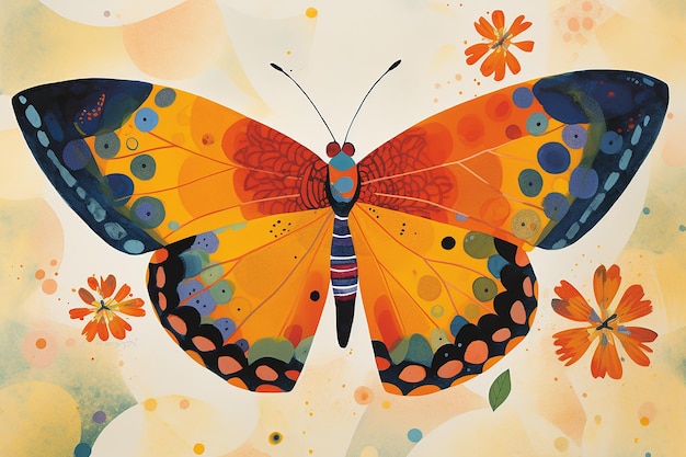 Een kleurrijke vlinder met een bloemenpatroon erop.