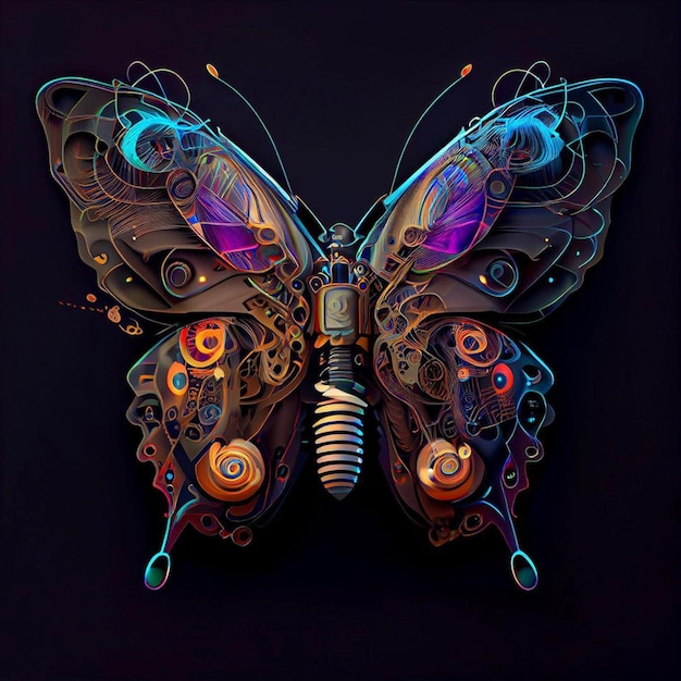 Een kleurrijke vlinder met een zwarte achtergrond en het woord robot erop.