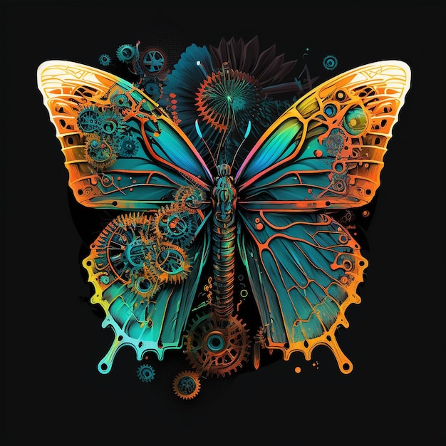 Een kleurrijke vlinder met tandwielen en tandwielen erop