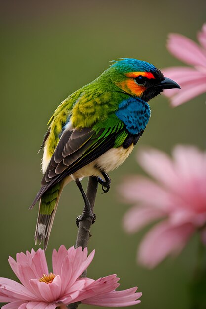 Een kleurrijke vogel die op een bloem zit.