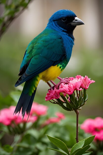 Foto een kleurrijke vogel die op een bloem zit.