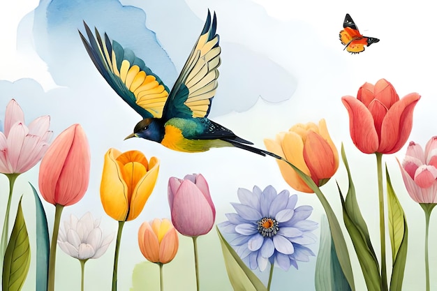 Een kleurrijke vogel die over tulpen vliegt met een vlinder erop.