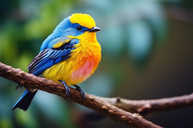 Een kleurrijke vogel met een blauwe en gele kop zit op een tak
