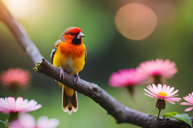 een kleurrijke vogel met een geel hoofd en een oranje snavel zit op een tak.