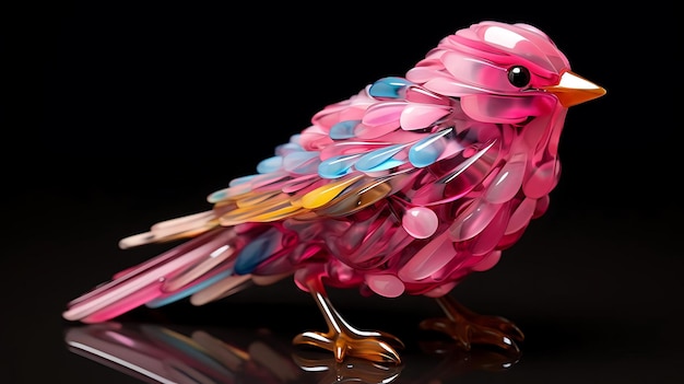 Een kleurrijke vogel met een gele snavel en roze en blauwe kleuren