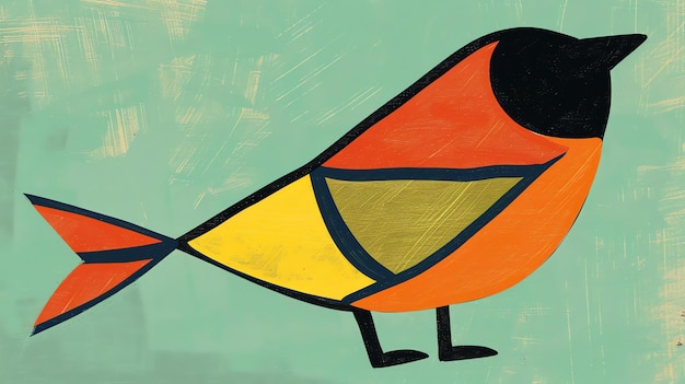 Foto een kleurrijke vogel met een geometrisch patroon op zijn lichaam de vogel kijkt naar links van de kijker de achtergrond is een lichtblauwe kleur