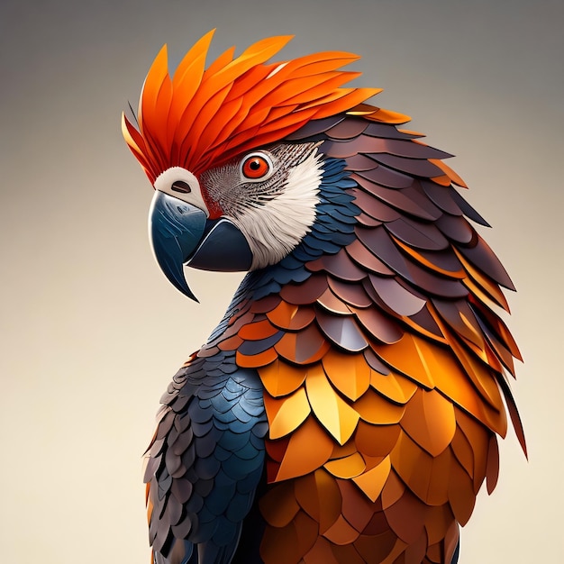 Een kleurrijke vogel met een rode kop en oranje veren.