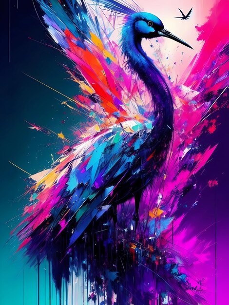 Een kleurrijke vogel met een zwart lichaam en een paars lichaam is omgeven door kleurrijke verf.