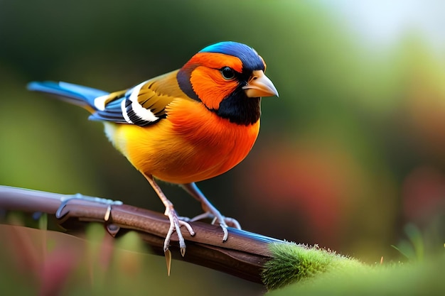 Een kleurrijke vogel met een zwarte en oranje kop en blauwe staart zit op een tak.