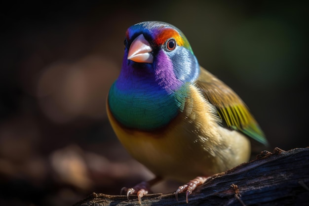 Een kleurrijke vogel met een zwarte kop en paarse kop en paarse veren.