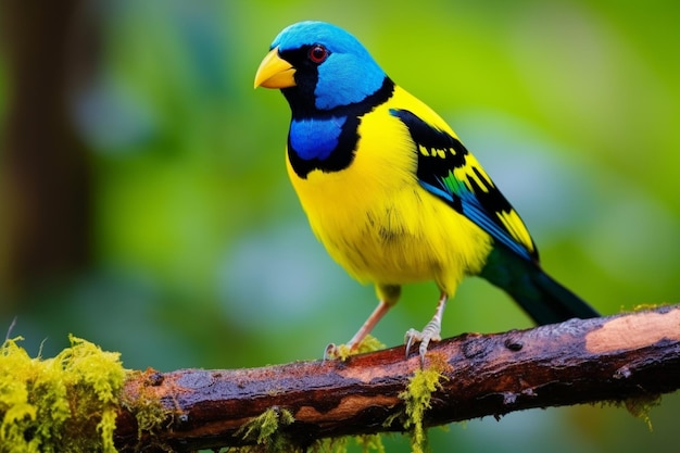 Een kleurrijke vogel met een zwarte snavel en een blauwe en gele vleugel