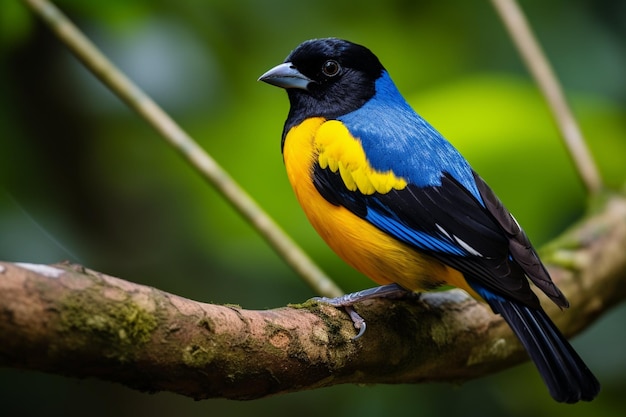 Een kleurrijke vogel met een zwarte snavel en een blauwe en gele vleugel