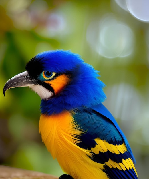 Een kleurrijke vogel met een zwarte snavel en een geel hoofd zit op een tak.