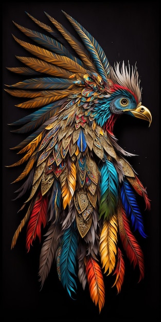 Een kleurrijke vogel met veren waarop 'spirit of the forest' staat