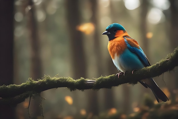 Een kleurrijke vogel zit op een tak in het bos.
