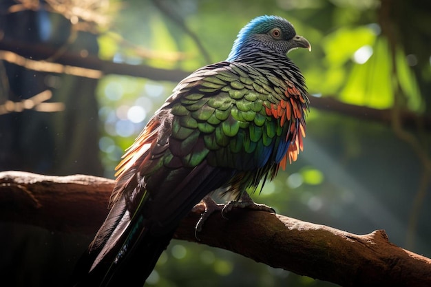 Een kleurrijke vogel zit op een tak in het bos.