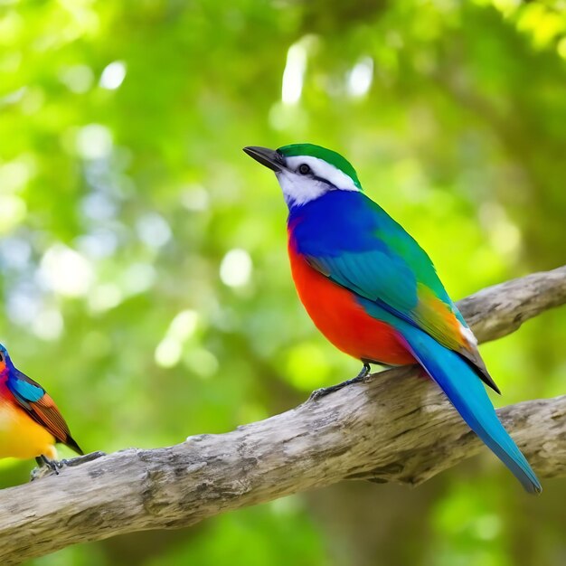 Een kleurrijke vogel zit op een tak in het bos