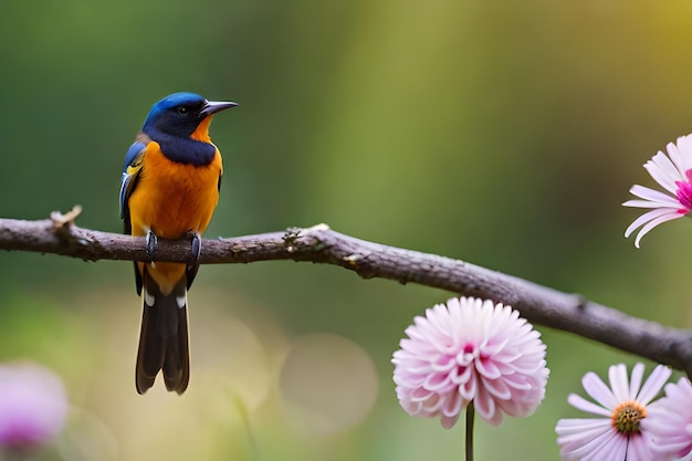 een kleurrijke vogel zit op een tak met bloemen op de achtergrond.