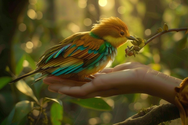 Een kleurrijke vogel zit op een tak met de hand van een persoon