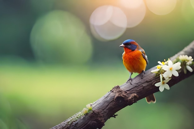 een kleurrijke vogel zit op een tak met de zon erachter.