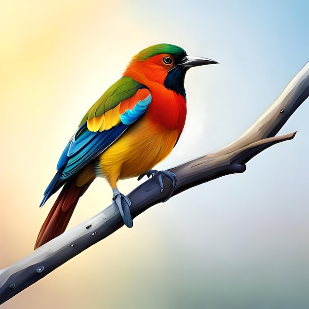 Een kleurrijke vogel zit op een tak met de zon erachter.
