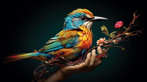 Foto een kleurrijke vogel zit op een tak met een mensenhand