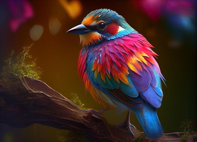 Een kleurrijke vogel zit op een tak met een onscherpe achtergrond.
