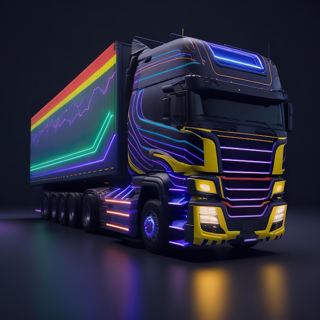 Een kleurrijke vrachtwagen met neonlichten aan de voorkant
