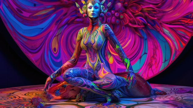 Een kleurrijke vrouw zit voor een kleurrijke achtergrond.