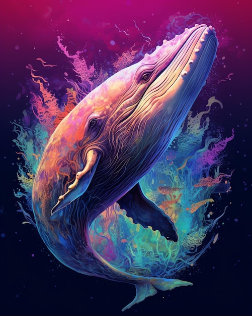 Een kleurrijke walvis in een blauwe oceaan
