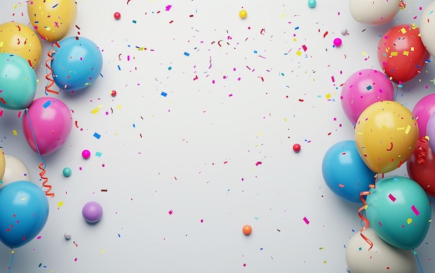 een kleurrijke weergave van ballonnen en een witte achtergrond met gekleurde sprinkles