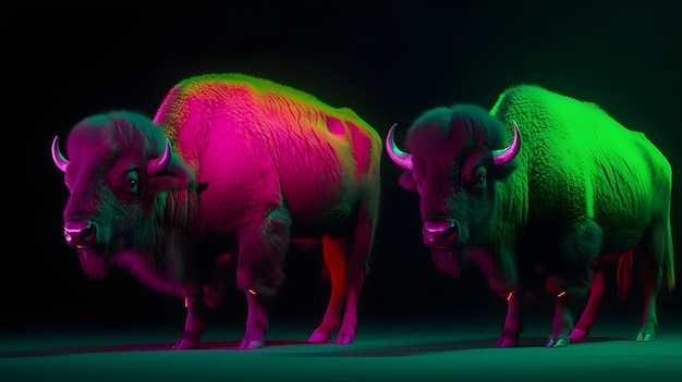 Een kleurrijke weergave van drie bizons met een groene en roze gloed.
